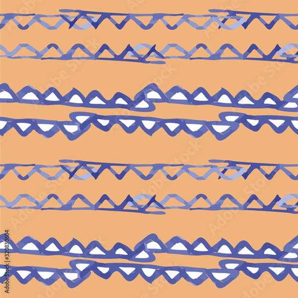 Obraz Vector seamless pattern ethnic indigo watercolor with white and blue triangles and ocher yellow background.
