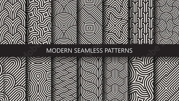 Fototapeta Vector set of 14 geometric linear patterns. Collection of seamless modern textures for your design.