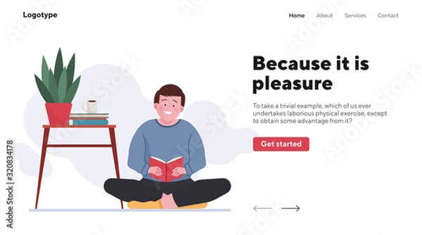 Fototapeta Student guy reading book at home. Happy young man sitting on floor with book flat vector illustration. Education, learning, homework lover concept for banner, website design or landing web page