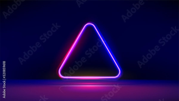 Fototapeta Round corner neon glowing triangle with reflections on the floor. Modern neon lights psychedelic background with place for text. Vector Illustration.