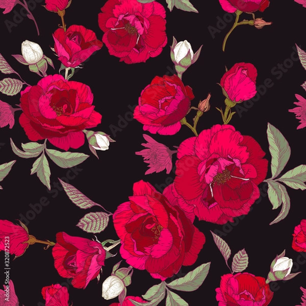 Obraz Vector floral seamless pattern with red roses and chrysanthemums