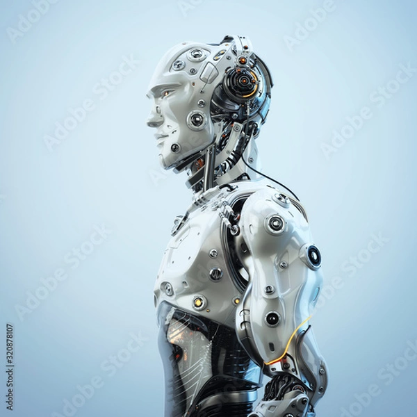 Fototapeta Futuristic handsome man with headphones in profile. 3d rendering of stylish robot listening to music