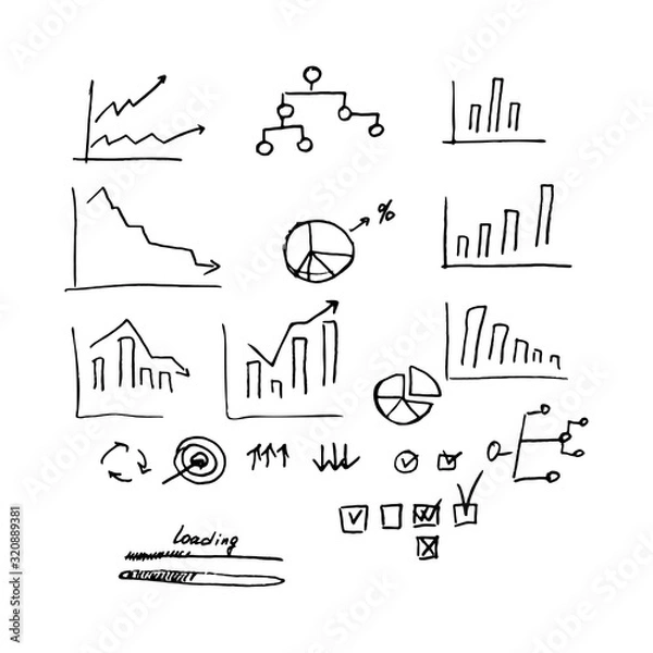 Obraz Business infographics. Doodles. Vector. Charts of rise and fall in different versions. Charts. Flowcharts. Checkmarks, notes on the implementation. Loading lines.