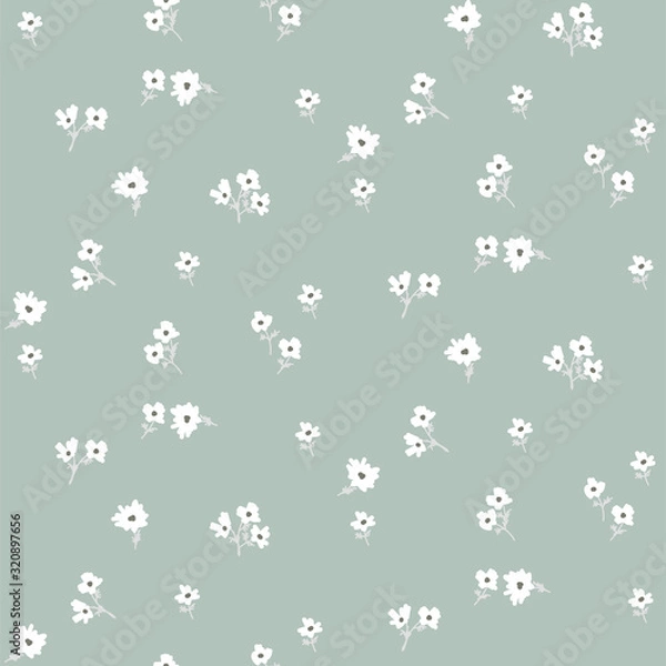 Obraz Seamless ditsy white floral pattern with tiny leaves hand drawn style blue colors.