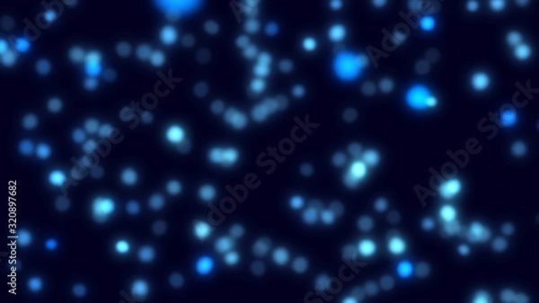 Fototapeta Bright blue bokeh lights abstract background. Flying particles or dust. Vivid lightning. Merry christmas design. Blurred light dots. Can use as cover, banner, postcard, flyer.