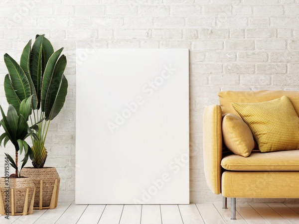 Fototapeta Makiety plakat, salon z żółtą sofą, renderowanie 3d, ilustracja 3d