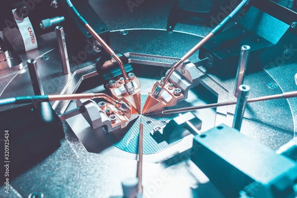 Fototapeta modern probe table equipment for the integrated circuits testing in the laboratory and analysis grain, noie effect and toned
