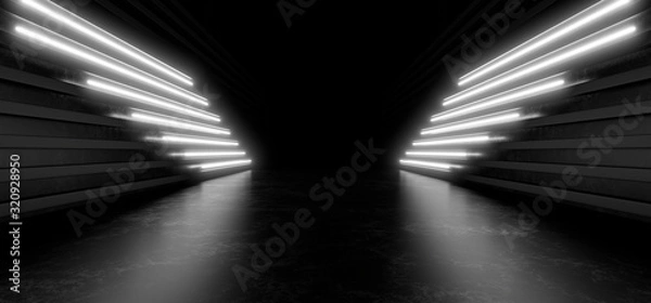 Obraz Beautiful composition of white neon lights on a black background. 3d rendering image.