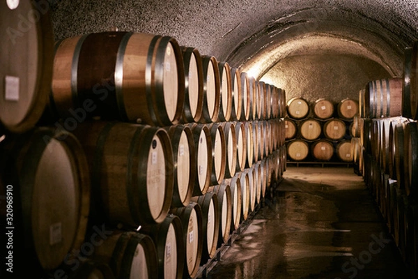 Obraz Wine Barrels Stored in Underground Cellar