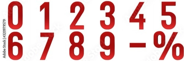 Fototapeta numbers red 3d percent sign minus symbol percentage icon interest rate number 0 1 2 3 4 5 6 7 8 9 signs isolated on white