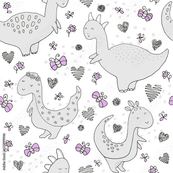 Fototapeta Seamless texture with funny dinosaurs and hand drawn elements.