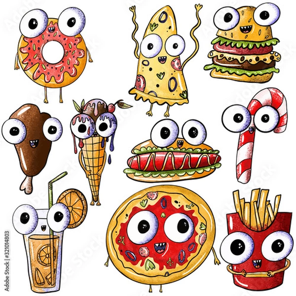 Fototapeta Set of cute monster legs, pizza, donut, juice, burger, great dane, lollipop, ice cream, french fries on an isolated white background. Fast food with eyes, junk food. For poster, print, kids menu