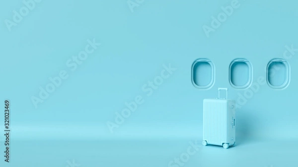 Fototapeta Makieta bagażu podróżnego, niebieskie pastelowe kolory w pustym pokoju studio, okna samolotu, miejsce na tekst, tło podróży. Minimalistyczna koncepcja turystyczna, letnia podróż bagażowa, makieta iluminatora, widok z przodu.