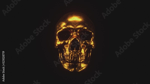 Fototapeta Scary grunge gold human skull isolated on black background. Concept art of a creepy gothic skull with teeth. Dark fantasy. Devil gold Mask. Skull and Crossbones. Halloween. 3d illustration