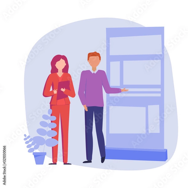 Obraz Man and woman talking and standing near conference booth. Product presentation on the stand. Vector concept illustration.