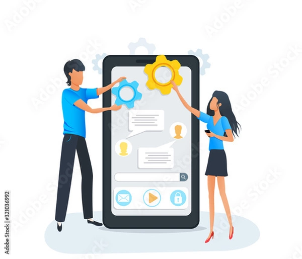 Fototapeta Mobile app development and coding. Process of building mobile application user interface for smartphone or tablet. Software development project. Flat vector illustration