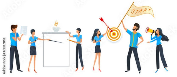 Fototapeta Cartoon business people set, meeting discussion corporate business startup plan, marketing research, success SEO strategy, project planning and management, presentation and brainstorming. Clip art
