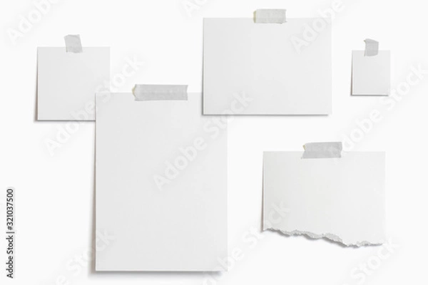 Fototapeta Moodboard template composition with blank photo cards, torn paper, square frame glued with adhesive tape and isolated on  white as template for graphic designers presentations, portfolios etc.