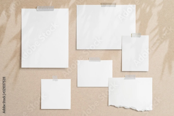 Fototapeta Moodboard template composition with blank photo cards, torn paper, square frame glued with adhesive tape on light paper background with floral overlay shadows as template.