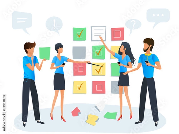 Fototapeta Vector illustration, team of business people working on a project at office with agile scrum task board plan, sticky notes flowchart, workshop training, business meeting, teamwork