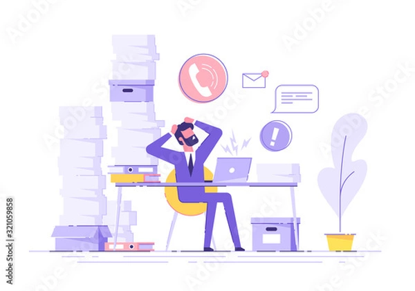 Fototapeta Tired and exasperated office worker is grabbed his head among piles of papers and documents. Stress in the office. Rush work. Modern vector illustration.