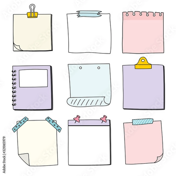 Obraz Hand drawn notepaper, doodle message sticky notes, vector/illustration