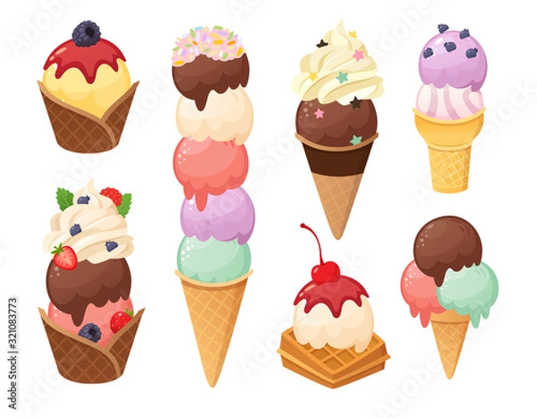 Fototapeta Cartoon gelato and waffle cones with ice cream balls. Ice cream food in chocolate strawberry mint and vanilla flavors. Various toppings waffle cups and sundae.  Vector illustration desserts part 5/5