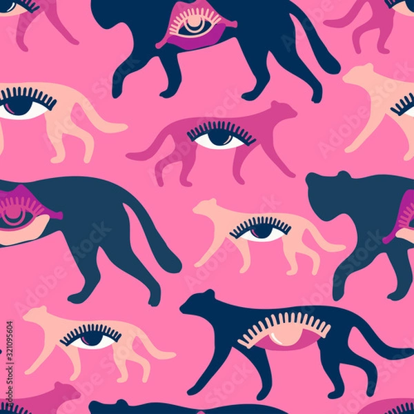 Fototapeta Modern seamless vector tropical colourful pattern with abstract panthers and eyes. Can be used for printing on paper, stickers, badges, bijouterie, cards, textiles. 