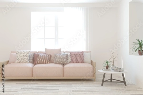 Fototapeta Stylish room in white color with sofa. Scandinavian interior design. 3D illustration