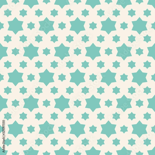 Obraz Simple vector star pattern. Abstract geometric seamless texture with small turquoise symmetric stars on white background. Minimal repeating design for decoration, wallpapers, textile, fabric, prints