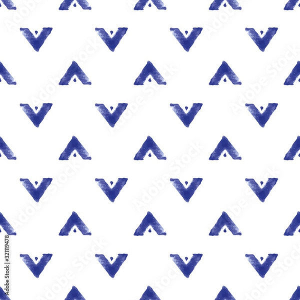 Obraz Vector seamless pattern ethnic indigo watercolor with white and blue chevrons and white background.