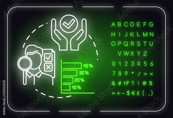 Fototapeta Performance indicator neon light concept icon. Professional integration. Corporate management idea. Outer glowing sign with alphabet, numbers and symbols. Vector isolated RGB color illustration