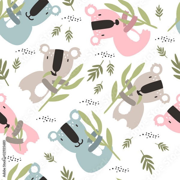 Fototapeta Seamless pattern with cute koalas childish illustration