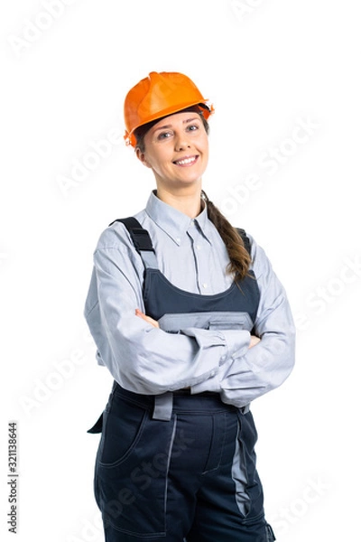 Fototapeta girl civil engineer smiling at the camera and ready to start work. Isolated