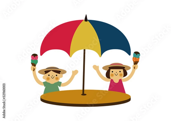 Fototapeta シーズン。夏のイラスト。 リゾートのクリップアート。 ビーチパラソルの下の子供たち。