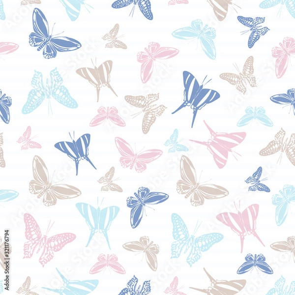 Fototapeta Flying butterfly silhouettes over striped background vector seamless pattern.