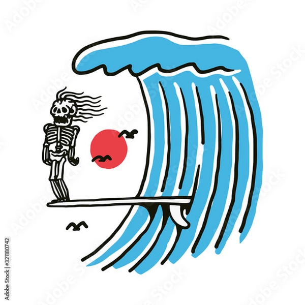 Obraz Skeleton Summer Surf Beach Line Graphic Illustration Vector Art T-shirt Design