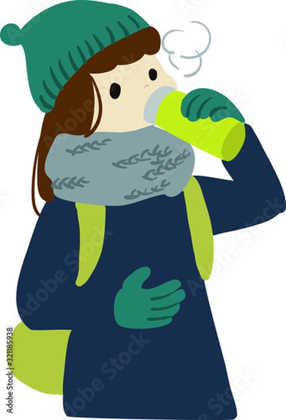 Obraz 水筒で温かい飲み物を飲む女性のイラスト