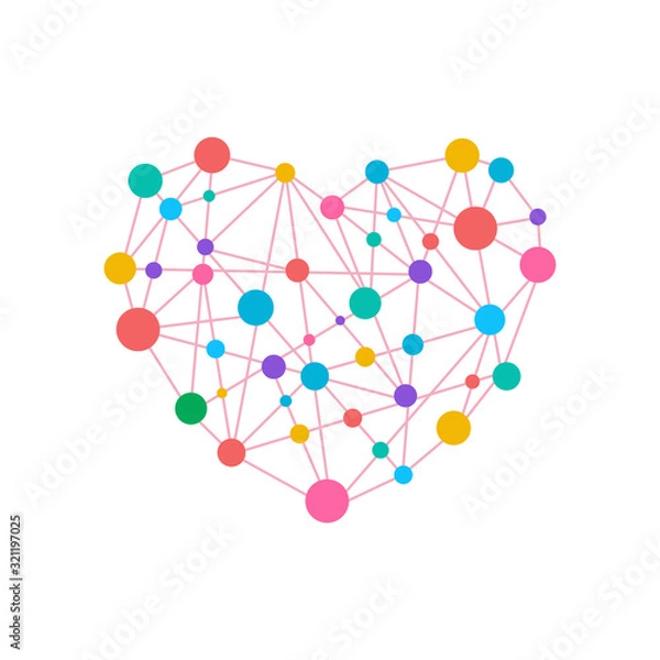 Fototapeta Cute color dots with connection line on white background,vector illustraion.Graphic heart shape design.