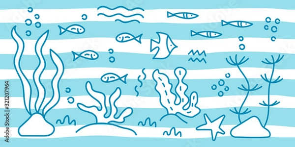 Fototapeta Underwater world. Drawings of fish, shrimp, marine plants and shells . Blue waves on a white background. Vector illustration