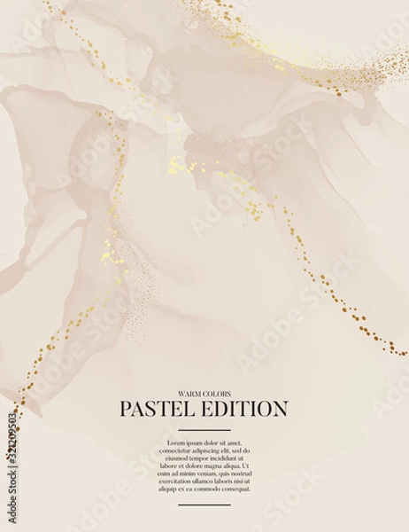 Fototapeta Earth tone pastel beige splatter background with golden foil. Marble liquid in gentle skin tones flow. Abstract vector background