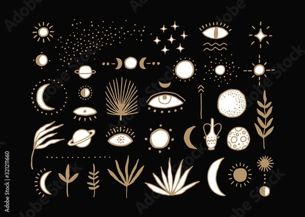 Fototapeta Space, nature and magic. Set of creative hand drawn symbols and signs. Vector illustration.