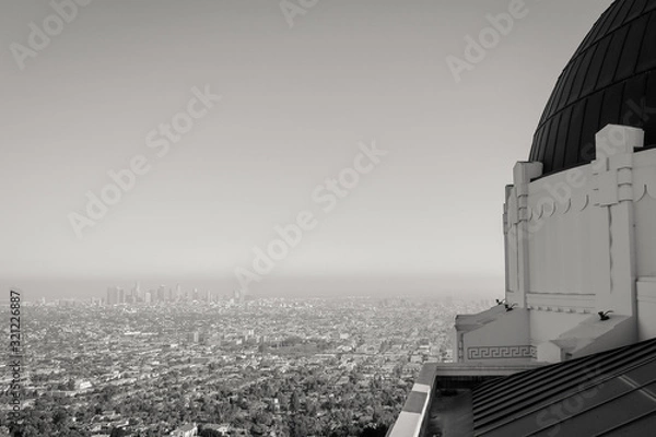 Fototapeta Black and white picture of the Griffith Observatory in Hollywood Los Angeles, view of the telescope sign