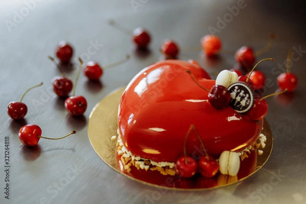 Fototapeta delicious red cake with cherry in the form of heart