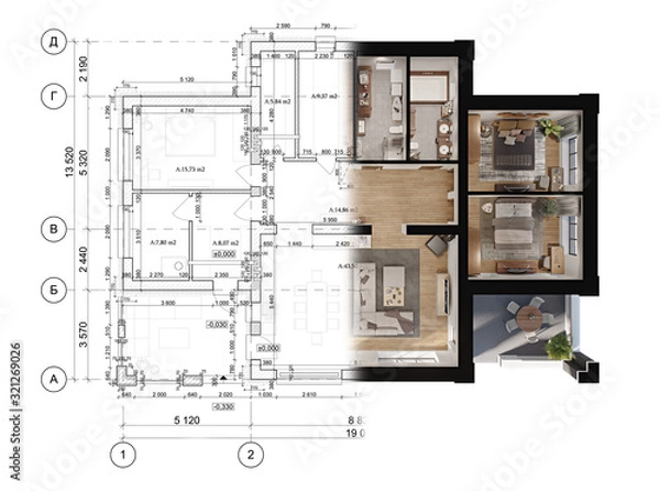 Fototapeta 3d rendering of a modern private house located on the architectural technical drawing