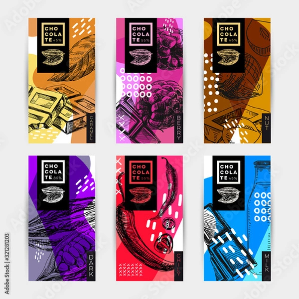 Obraz Chocolate packaging labels set, hand drawn vector illustration.