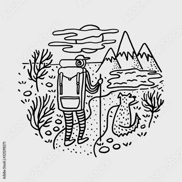 Obraz backpacking hiking man with a dog doodle vector illustration