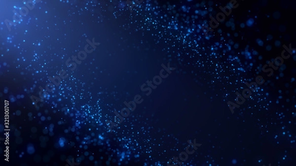 Fototapeta Blue particles abstract background with flare shining floor particle stars dust.Beautiful futuristic glittering in space on black background.	
