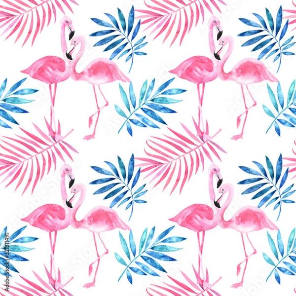 Fototapeta Watercolor seamless pattern with hand painted watercolor flamingos, tropical palm leaves. Stock illustratition, wrapping paper. Fabric wallpaper print texture.