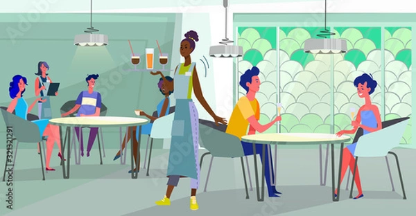 Fototapeta People relaxing in cafe. Waitress, drink, dating couple flat vector illustration. Restaurant, diner, business concept for banner, website design or landing web page